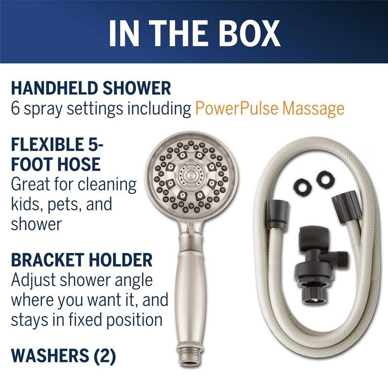 slide 4 of 7, 6 Mode Power Pulse Hand Held Shower Head Brushed Nickel - Waterpik: EPA WaterSense, Massage Setting, 5ft Hose, 1 ct