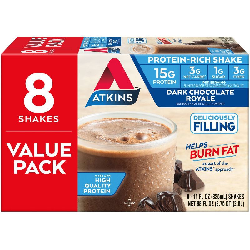 slide 1 of 9, Atkins Dark Chocolate Royale Protein Shake - 8pk/88 fl oz, 8 ct, 88 fl oz