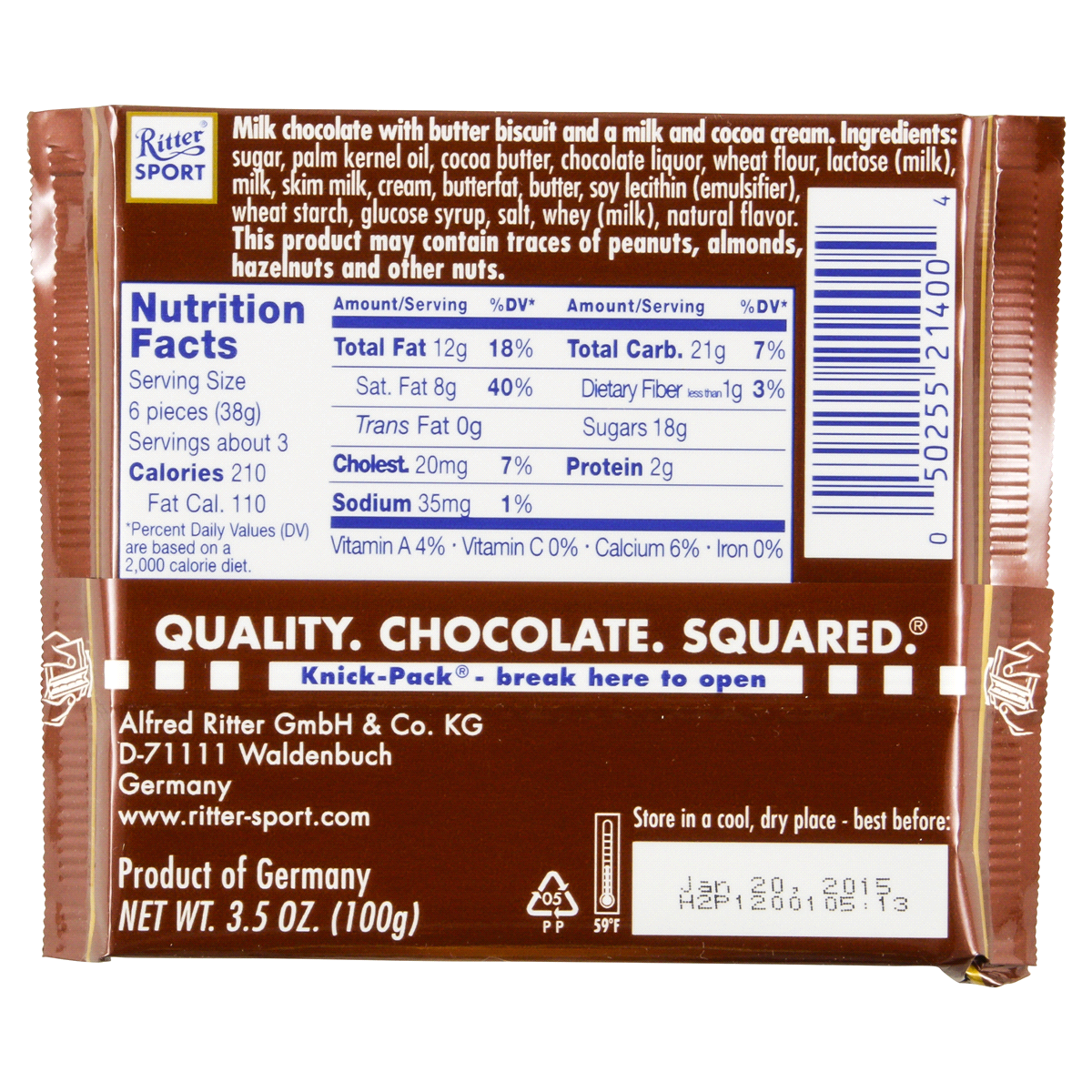 slide 2 of 2, Ritter Sport Milk Chocolate Bar with Butter Bisquit, 3.5 oz