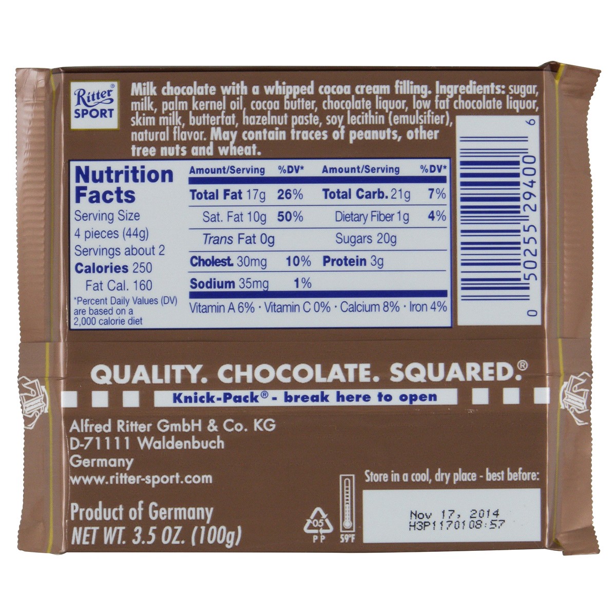 slide 2 of 2, Ritter Sport Cocoa Mousse Filling Milk Chocolate 3.5 oz, 3.5 oz