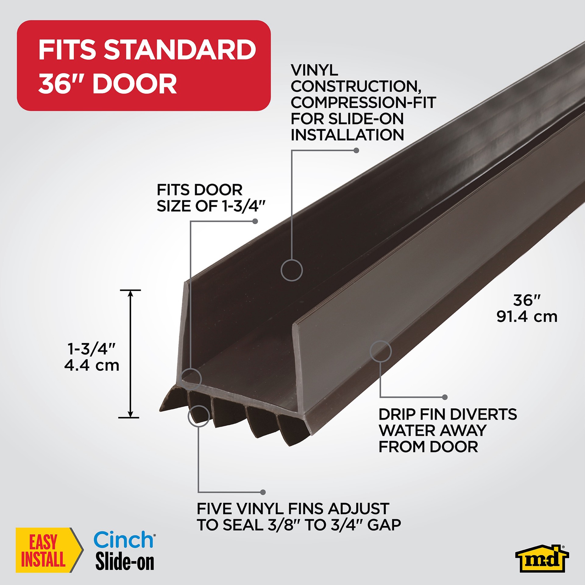 slide 2 of 6, M-D 3-ft x 2-in x 1-3/4-in Brown Cinch Slide-on Vinyl Door Weatherstrip, 1 ct