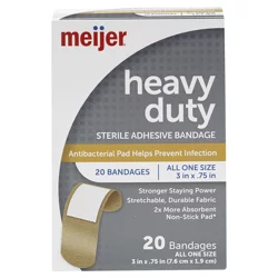 Meijer Heavy Duty Sterile Adhesive Bandages, Antibacterial, 3 In X .75 In, 20 Ct
