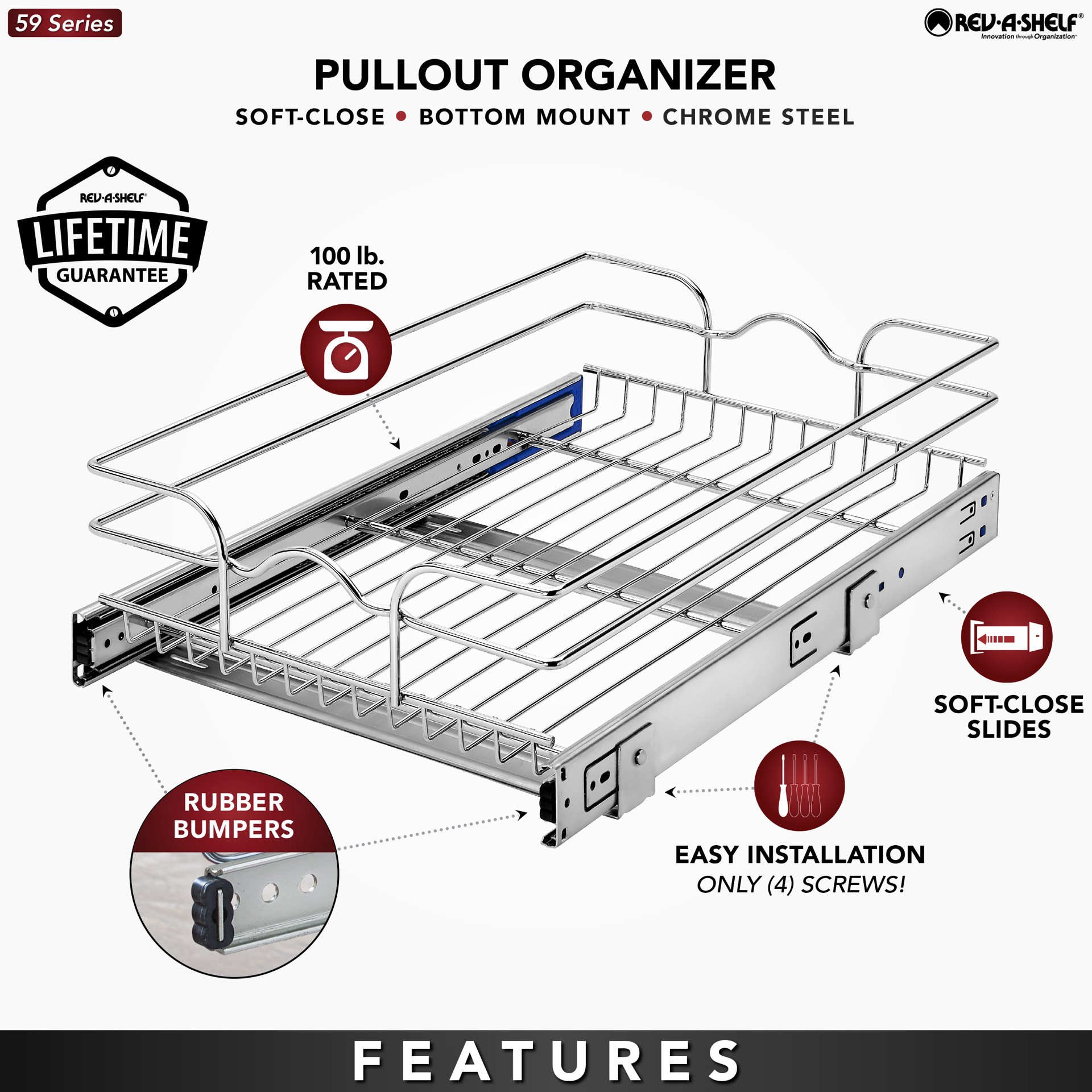 slide 5 of 6, Rev-A-Shelf Single-Tier Pull-Out Baskets 14.5-in W x 6-in H x 22-in D 1 -Tier Cabinet-mount Chrome Metal Soft Close Pull-out Sliding basket kit, 1 ct