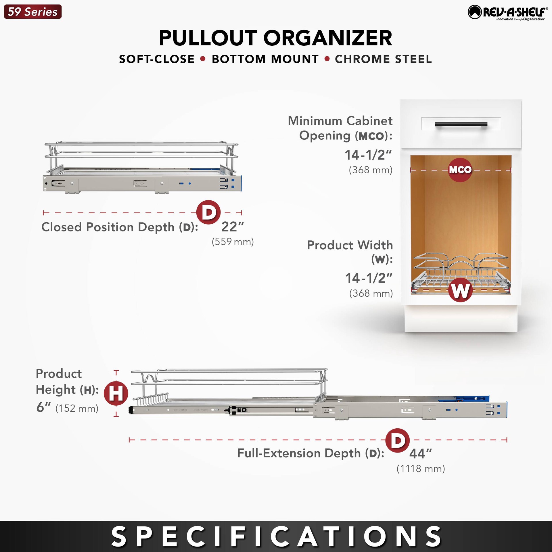 slide 6 of 6, Rev-A-Shelf Single-Tier Pull-Out Baskets 14.5-in W x 6-in H x 22-in D 1 -Tier Cabinet-mount Chrome Metal Soft Close Pull-out Sliding basket kit, 1 ct