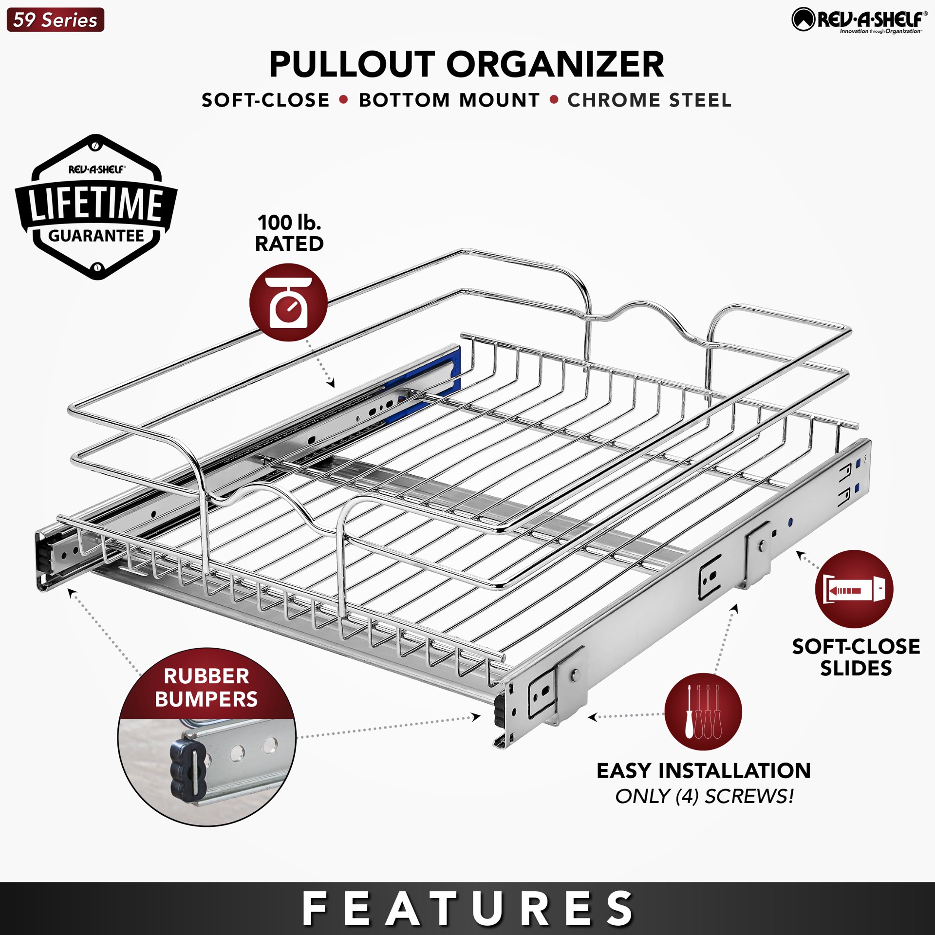 slide 6 of 6, Rev-A-Shelf Single-Tier Pull-Out Baskets 17.5-in W x 6-in H x 22-in D 1 -Tier Cabinet-mount Chrome Metal Soft Close Pull-out Sliding basket kit, 1 ct