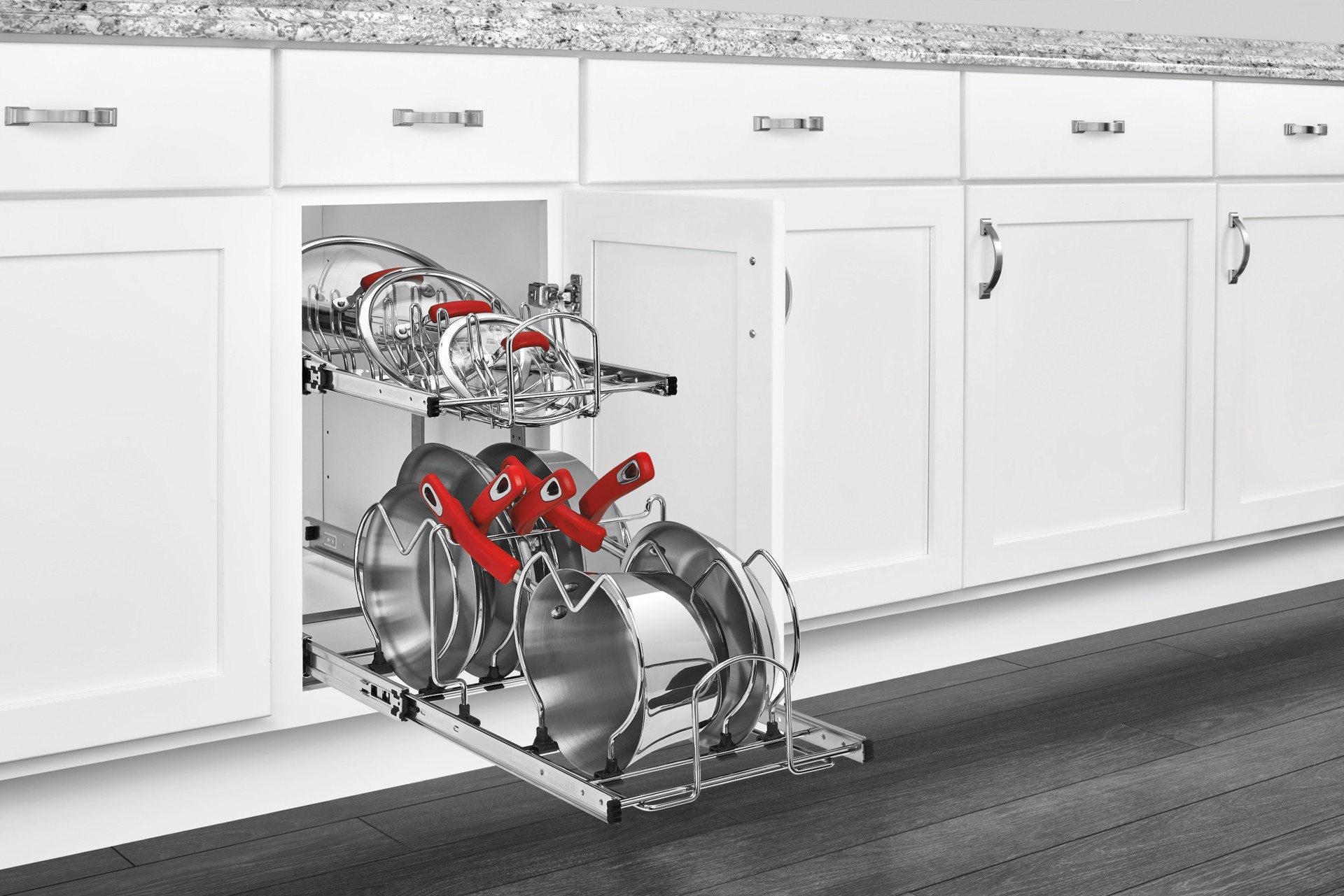 slide 2 of 6, Rev-A-Shelf Two-Tier Cookware Organizer 11.75-in W x 18-in H x 22-in D 2 -Tier Cabinet-mount Chrome Metal Soft Close Pull-out Sliding basket kit, 1 ct