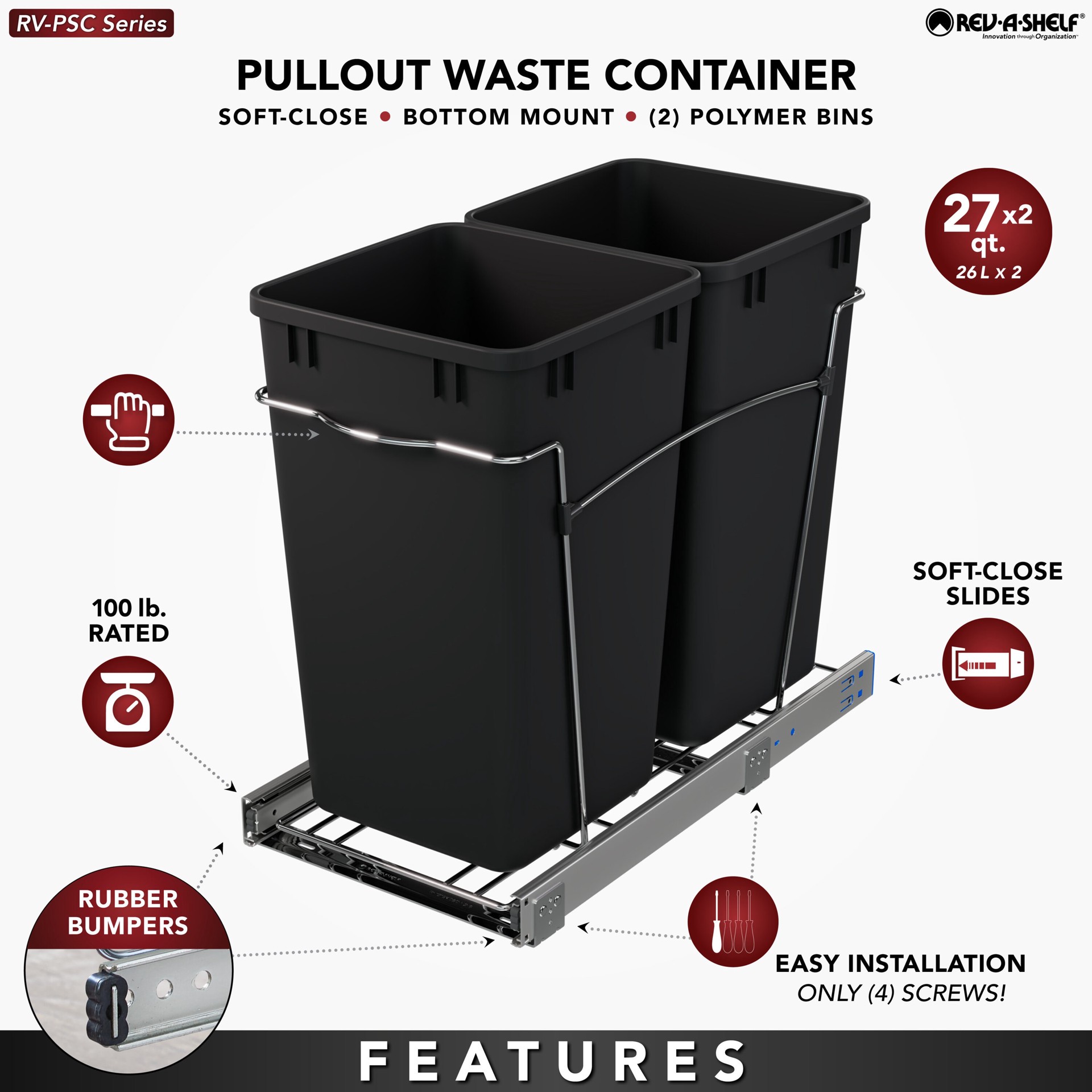 slide 6 of 6, Rev-A-Shelf 27.0-Quart Soft Close 2 Pull-out trash can, 1 ct