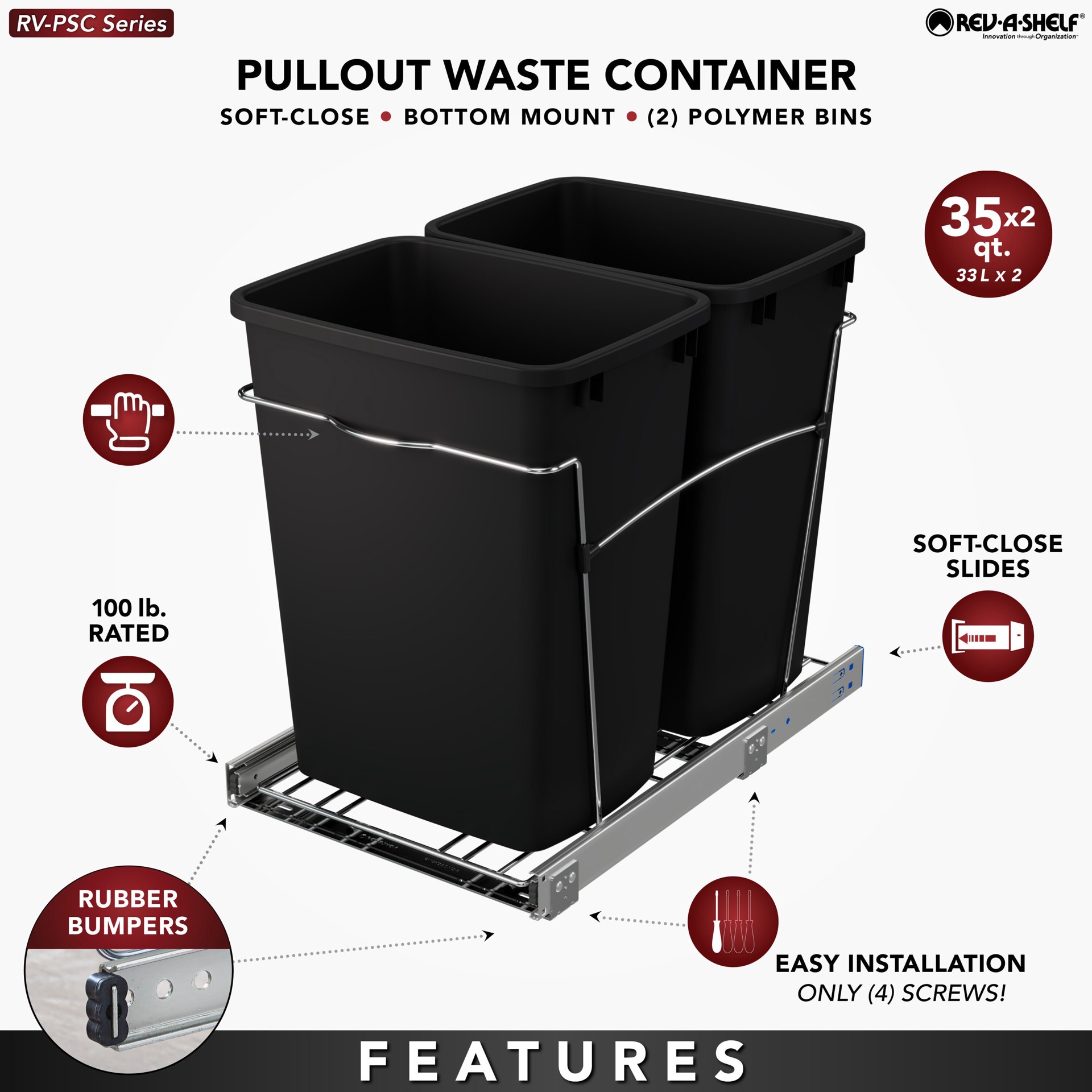 slide 6 of 6, Rev-A-Shelf 35.0-Quart Soft Close 2 Pull-out trash can, 1 ct