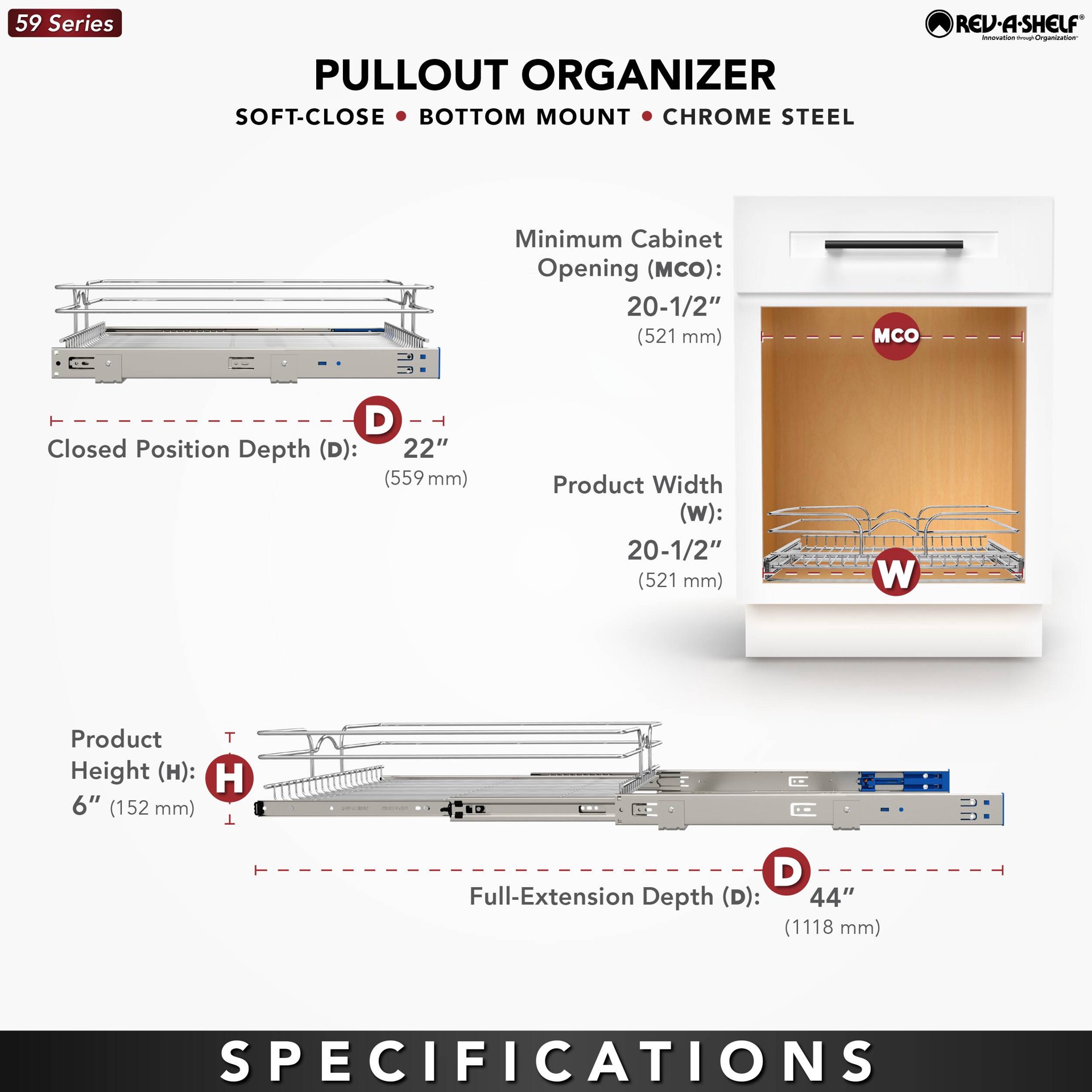 slide 5 of 6, Rev-A-Shelf Single-Tier Pull-Out Baskets 20.5-in W x 6-in H x 22-in D 1 -Tier Cabinet-mount Chrome Metal Soft Close Pull-out Sliding basket kit, 1 ct