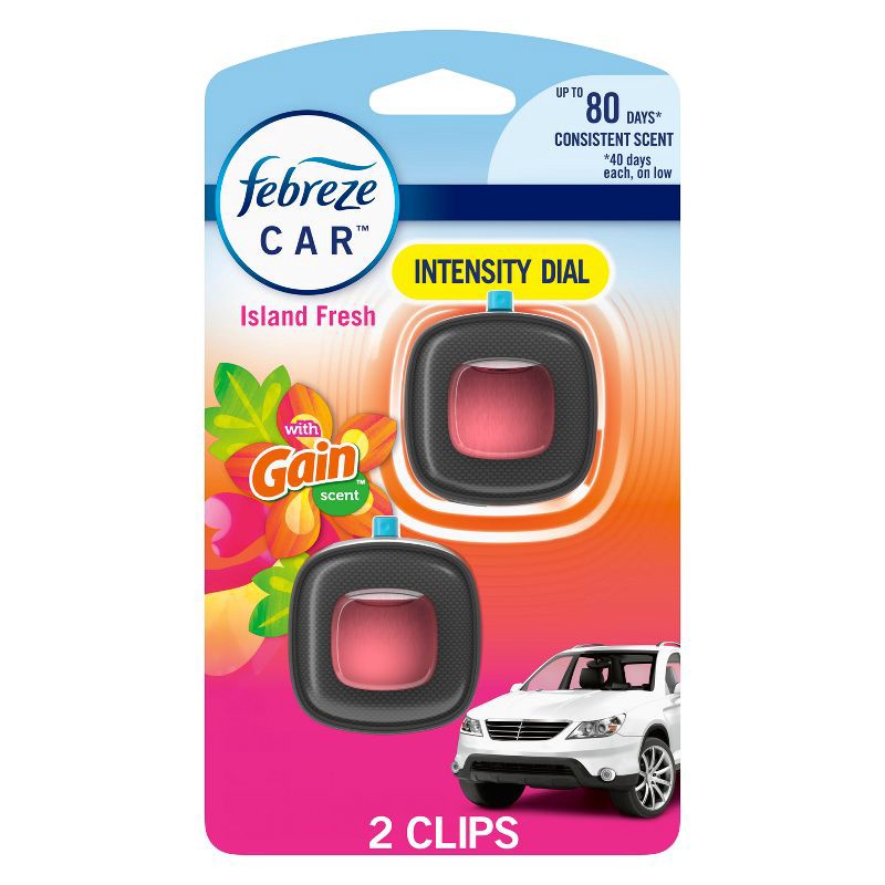 slide 1 of 10, Febreze Car Air Freshener Vent Clip - Gain Island Fresh - 0.13 fl oz/2pk, 2 ct; 0.13 fl oz