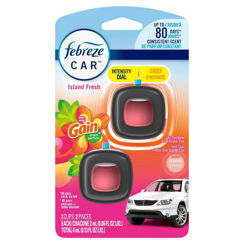 slide 9 of 10, Febreze Car Air Freshener Vent Clip - Gain Island Fresh - 0.13 fl oz/2pk, 2 ct; 0.13 fl oz