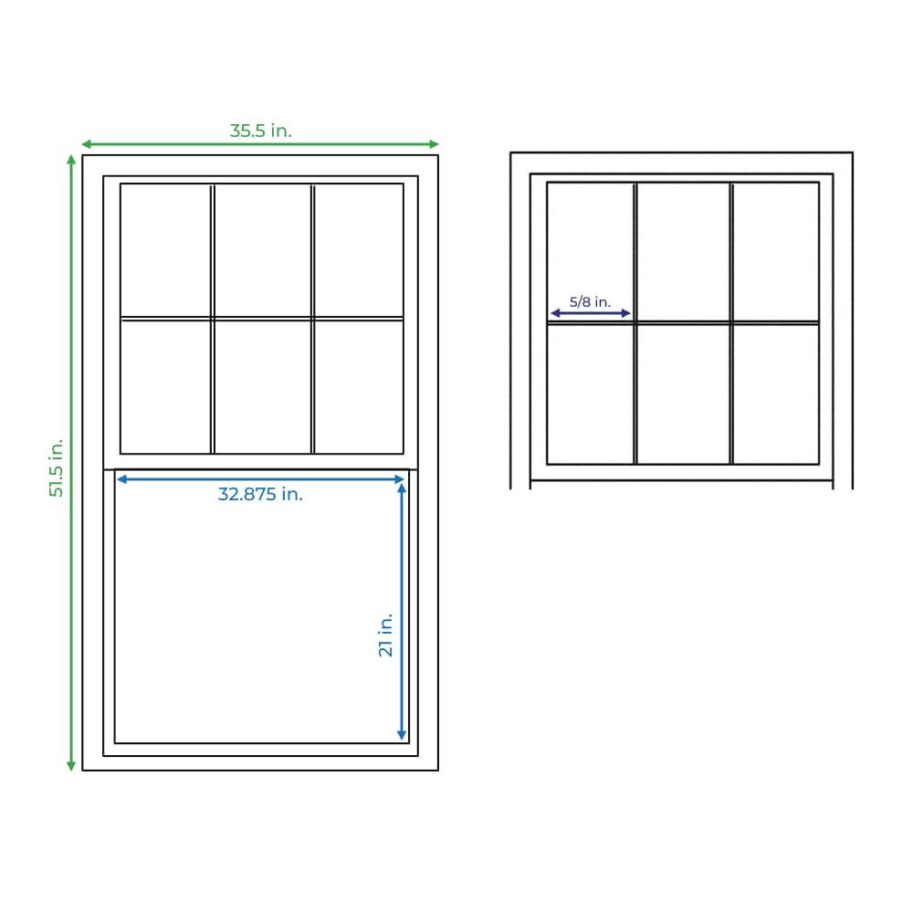 slide 5 of 6, RELIABILT 105 Series 35-1/2-in x 51-1/2-in White Exterior Vinyl New Construction Single Hung Window Low-E argon Double Pane Glass with Grids, (Half Screen Included), 1 ct