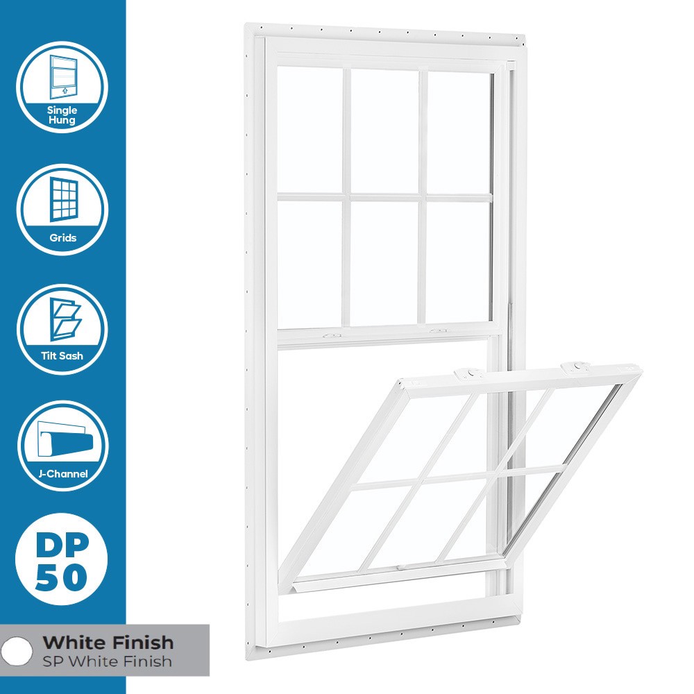 slide 4 of 6, RELIABILT 150 Series 35-1/2-in x 47-1/2-in White Exterior Vinyl New construction Single Hung Window Low-E Double Pane Glass with Grids, (Half Screen Included), 1 ct