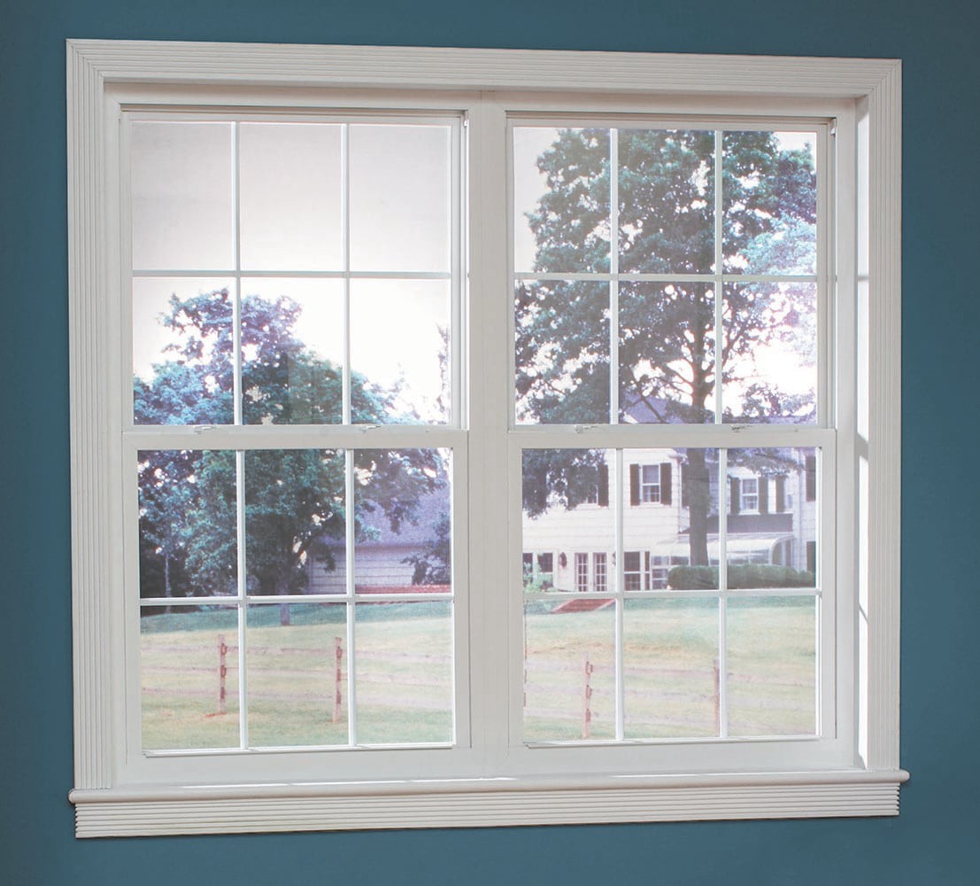slide 5 of 6, RELIABILT 105 Series 35-1/2-in x 59-1/2-in White Exterior Vinyl New Construction Single Hung Window Low-E argon Double Pane Glass with Grids, (Half Screen Included), 1 ct