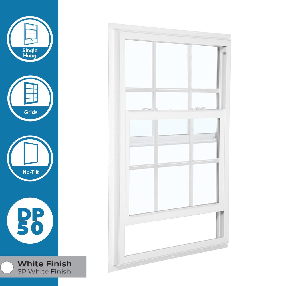 slide 4 of 6, RELIABILT 105 Series 31-1/2-in x 51-1/2-in White Exterior Vinyl New Construction Single Hung Window Low-E argon Double Pane Glass with Grids, (Half Screen Included), 1 ct