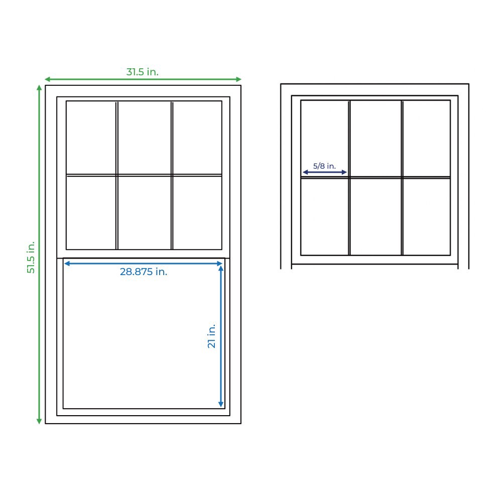 slide 5 of 6, RELIABILT 105 Series 31-1/2-in x 51-1/2-in White Exterior Vinyl New Construction Single Hung Window Low-E argon Double Pane Glass with Grids, (Half Screen Included), 1 ct