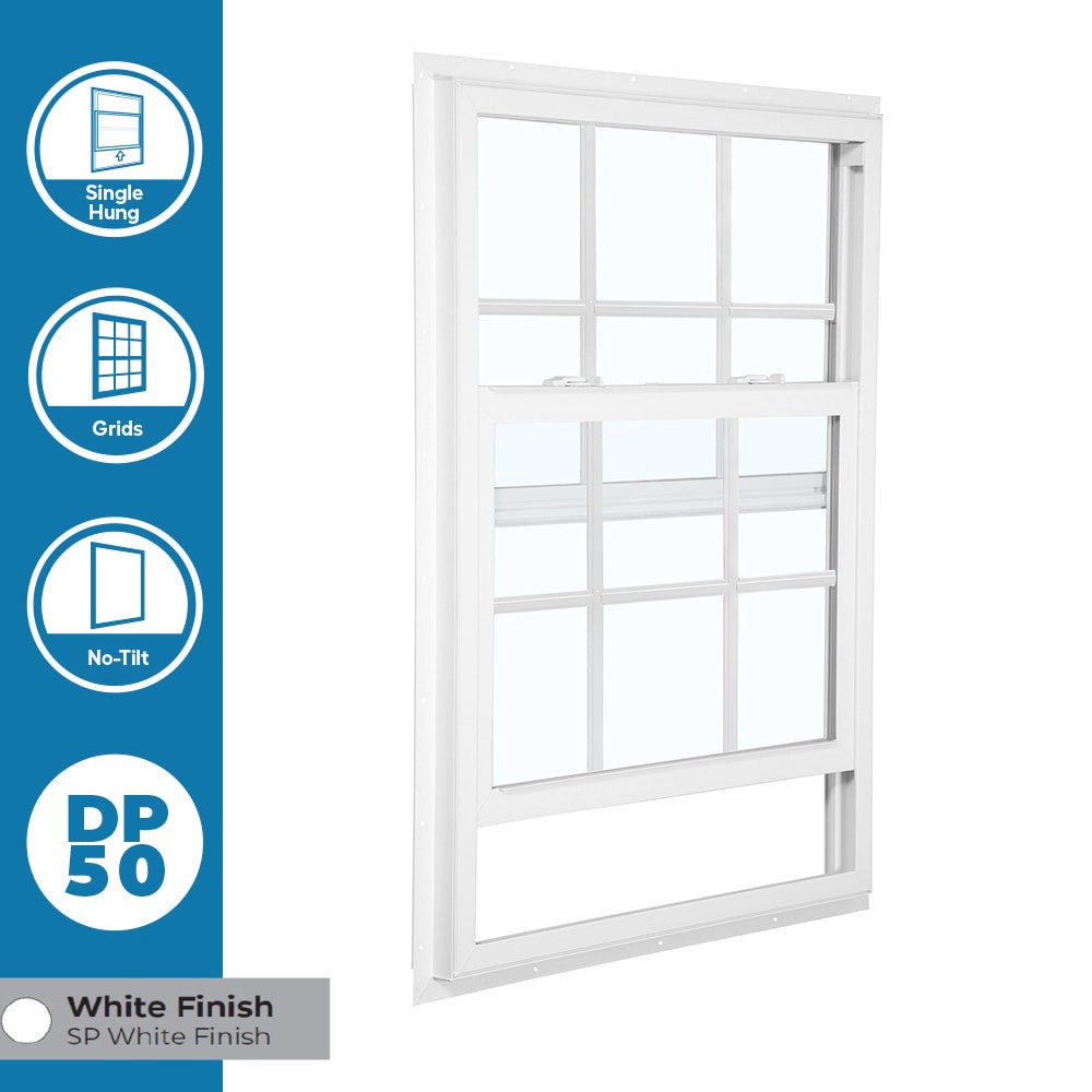 slide 3 of 6, RELIABILT 105 Series 35-1/2-in x 47-1/2-in White Exterior Vinyl New Construction Single Hung Window Low-E argon Double Pane Glass with Grids, (Half Screen Included), 1 ct