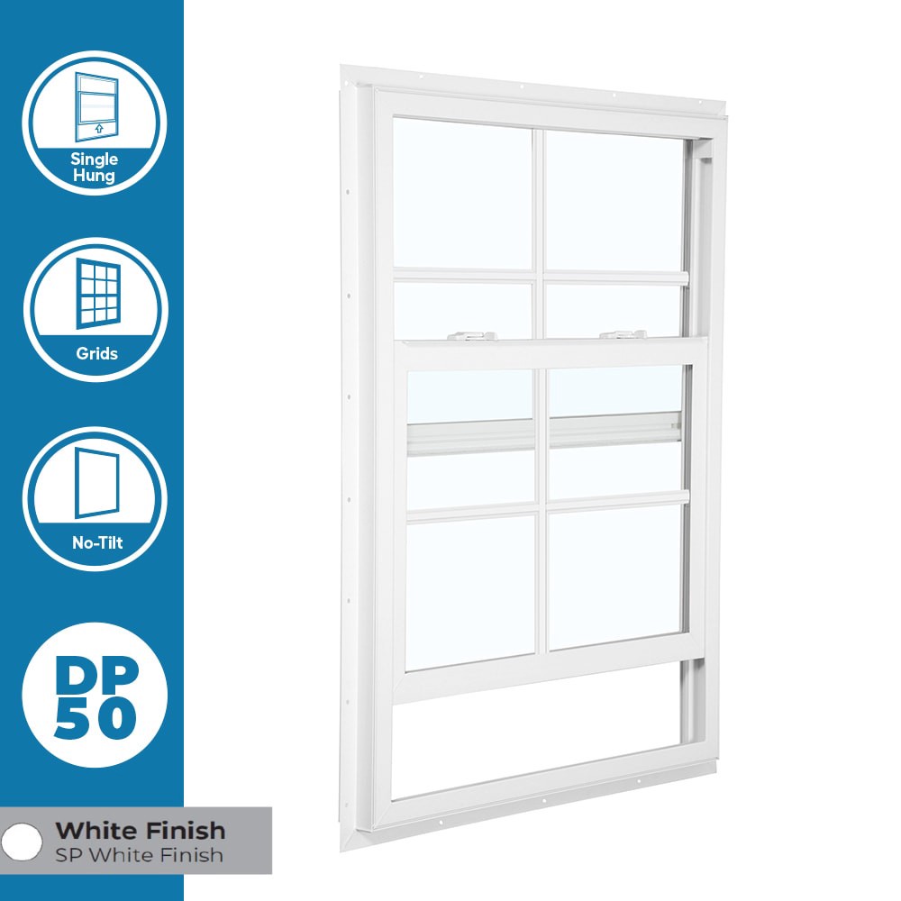 slide 4 of 6, RELIABILT 105 Series 23-1/2-in x 35-1/2-in White Exterior Vinyl New Construction Single Hung Window Low-E argon Double Pane Glass with Grids, (Half Screen Included), 1 ct