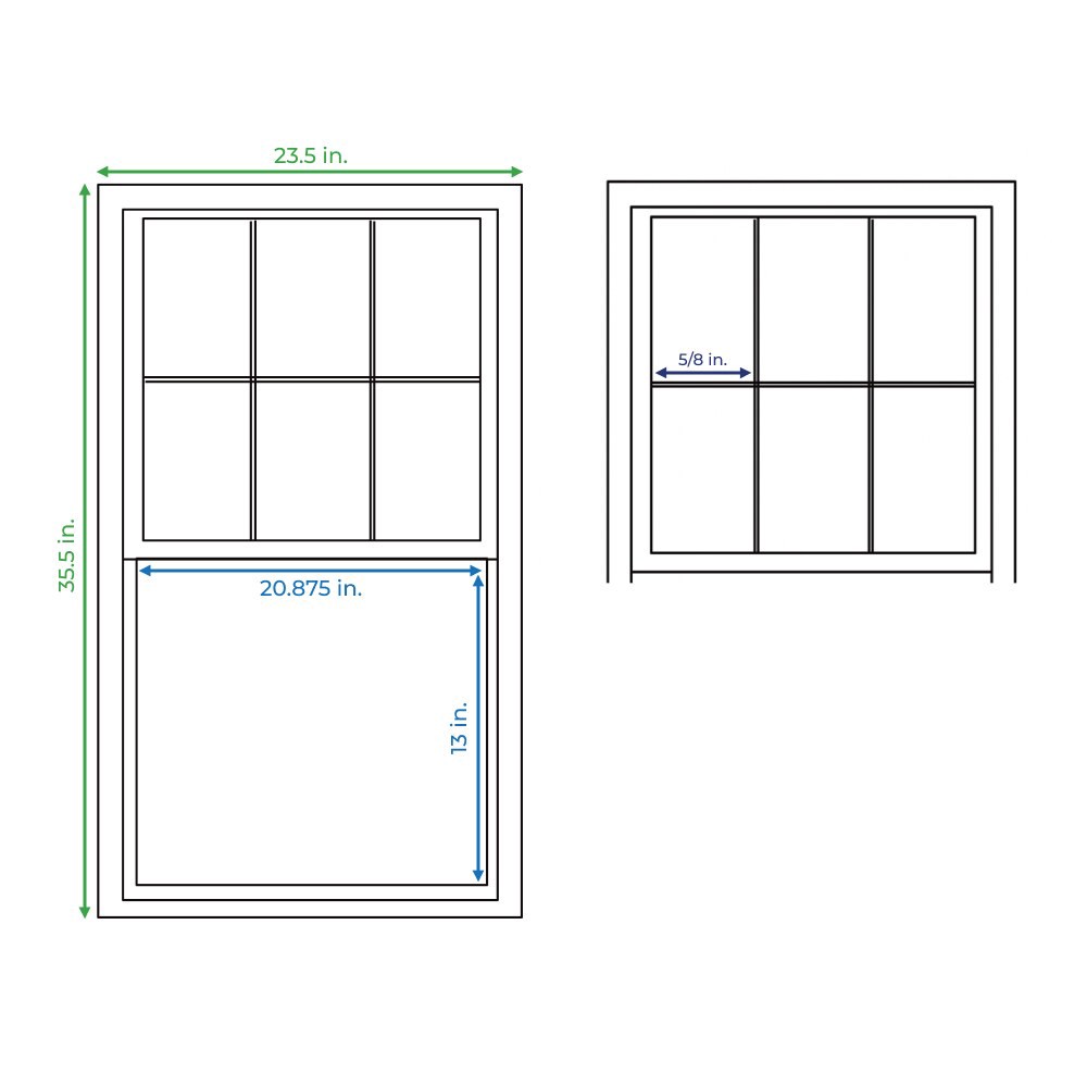 slide 5 of 6, RELIABILT 105 Series 23-1/2-in x 35-1/2-in White Exterior Vinyl New Construction Single Hung Window Low-E argon Double Pane Glass with Grids, (Half Screen Included), 1 ct