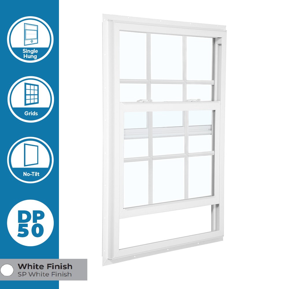 slide 4 of 6, RELIABILT 105 Series 31-1/2-in x 59-1/2-in White Exterior Vinyl New Construction Single Hung Window Low-E argon Double Pane Glass with Grids, (Half Screen Included), 1 ct