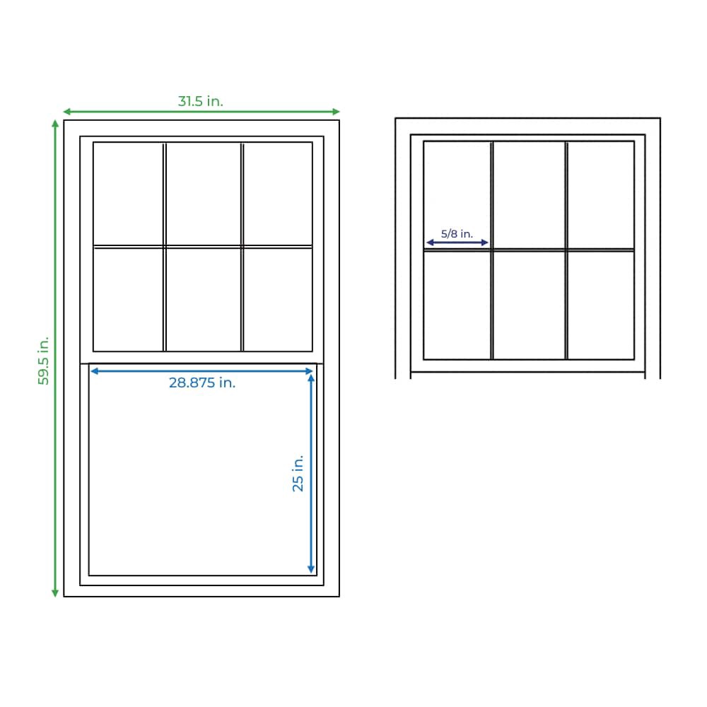 slide 5 of 6, RELIABILT 105 Series 31-1/2-in x 59-1/2-in White Exterior Vinyl New Construction Single Hung Window Low-E argon Double Pane Glass with Grids, (Half Screen Included), 1 ct