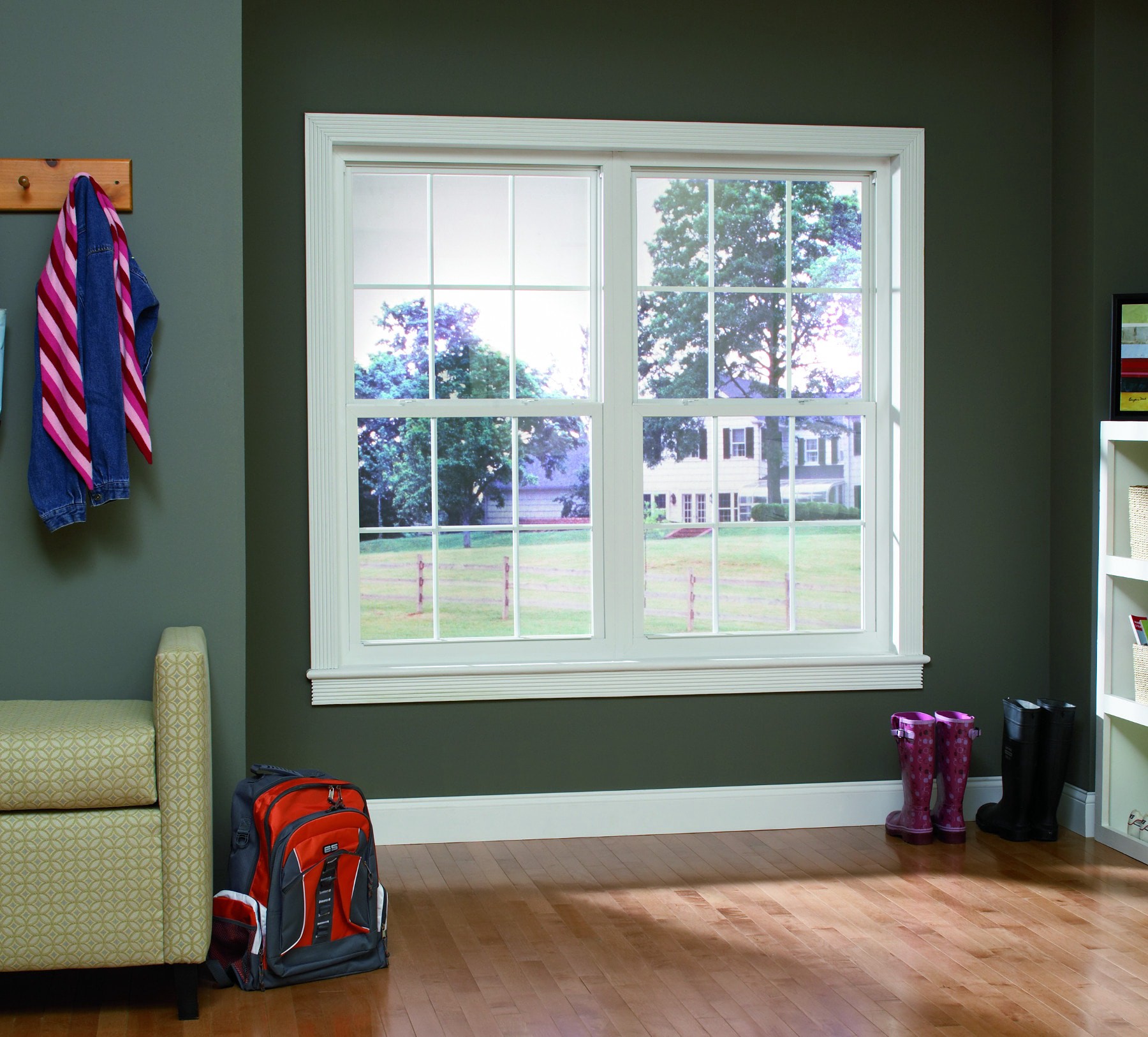 slide 6 of 6, RELIABILT 105 Series 31-1/2-in x 59-1/2-in White Exterior Vinyl New Construction Single Hung Window Low-E argon Double Pane Glass with Grids, (Half Screen Included), 1 ct