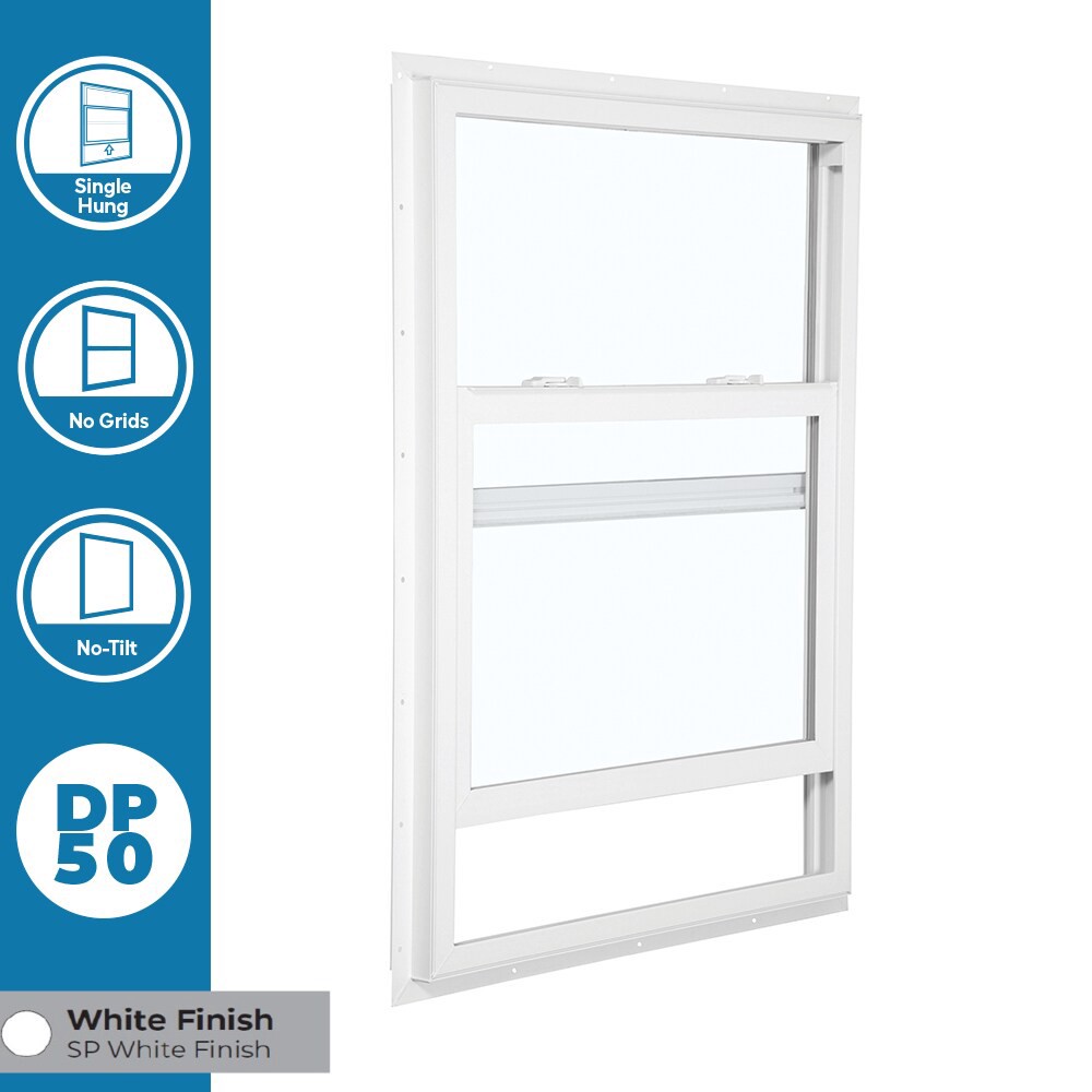 slide 5 of 6, RELIABILT 105 Series 31-1/2-in x 35-1/2-in White Exterior Vinyl New Construction Single Hung Window Low-E argon Double Pane Glass (Half Screen Included), 1 ct