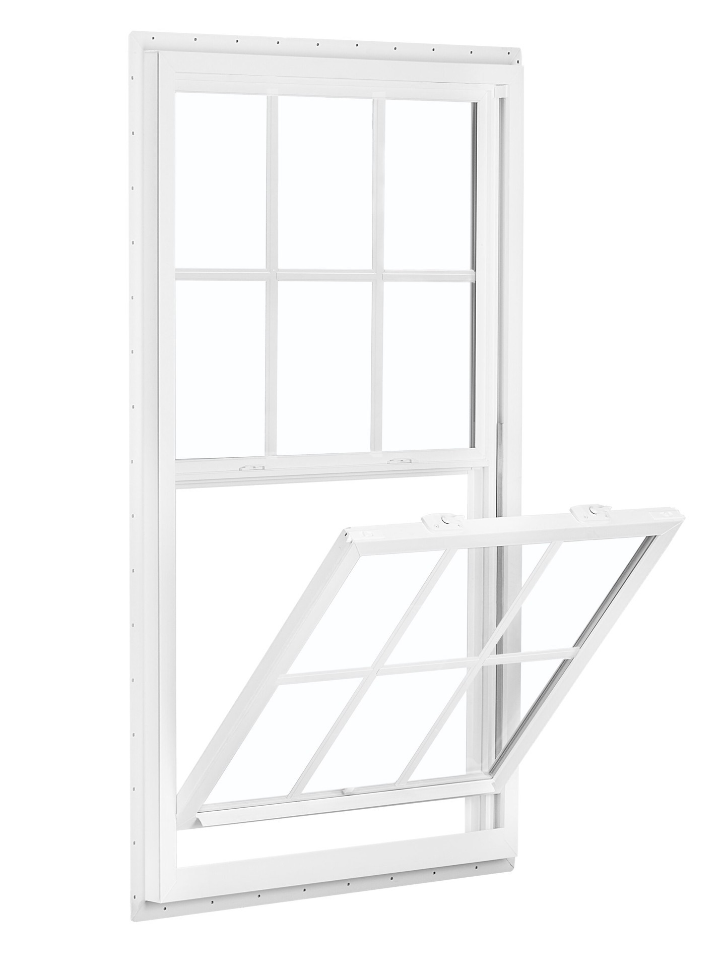 slide 1 of 6, RELIABILT 150 Series 35-1/2-in x 47-1/2-in White Exterior White Interior Vinyl New Construction Single Hung Window Low-E with Grids, (Half Screen Included), 1 ct