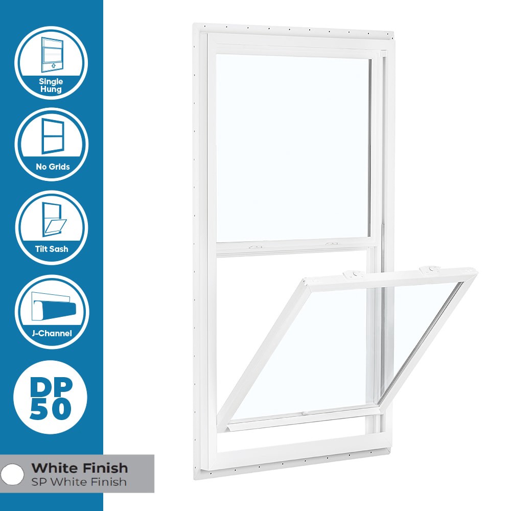 slide 3 of 6, RELIABILT 150 Series 31-1/2-in x 51-1/2-in White Exterior Vinyl New Construction Single Hung Window Low-E Double Pane Glass (Half Screen Included), 1 ct