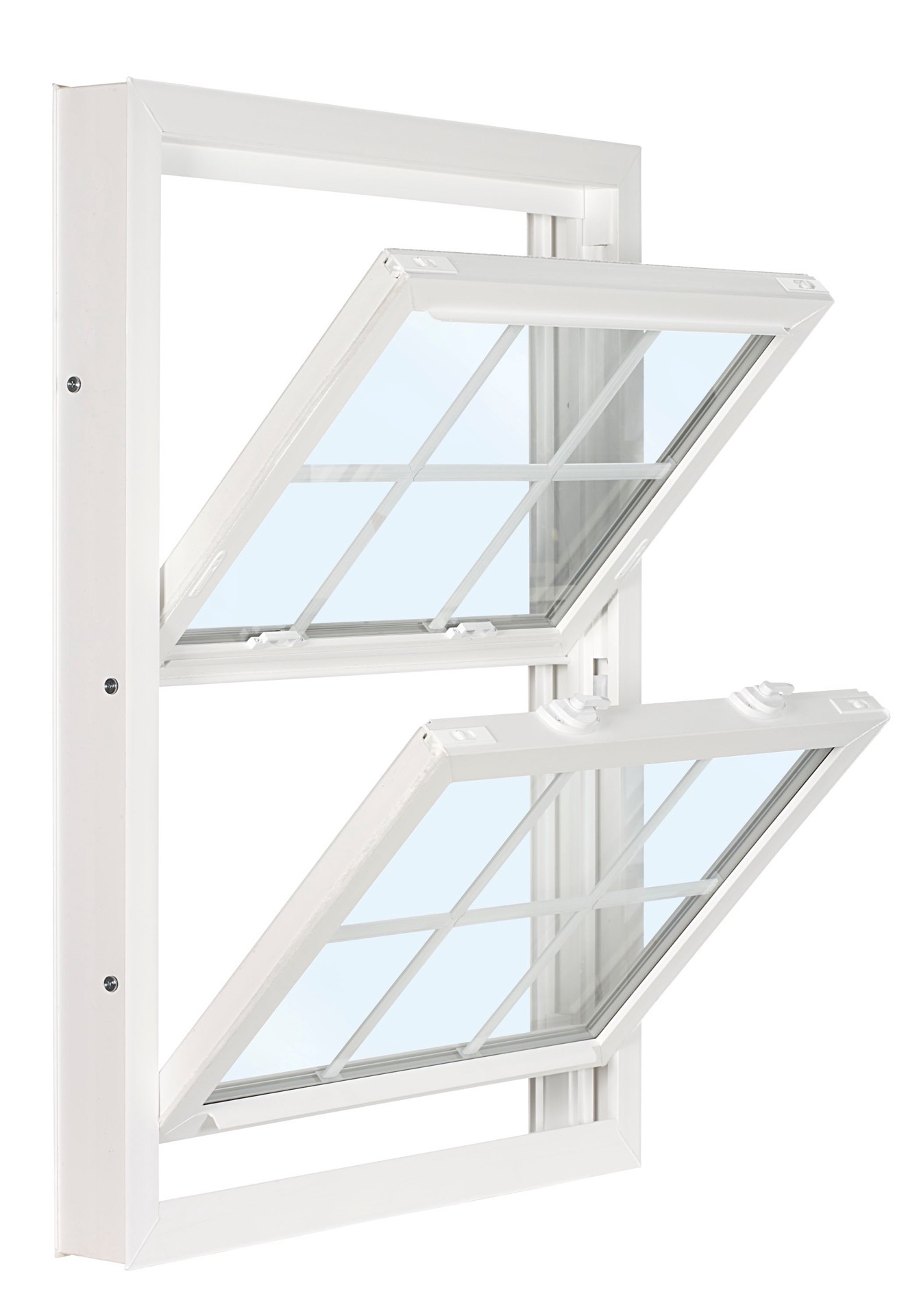slide 1 of 6, RELIABILT 3201 Series 27-3/4-in x 37-3/4-in White Exterior White Interior Vinyl Replacement Double Hung Window Low-E argon Double Pane Glass with Grids (Half Screen Included), 1 ct