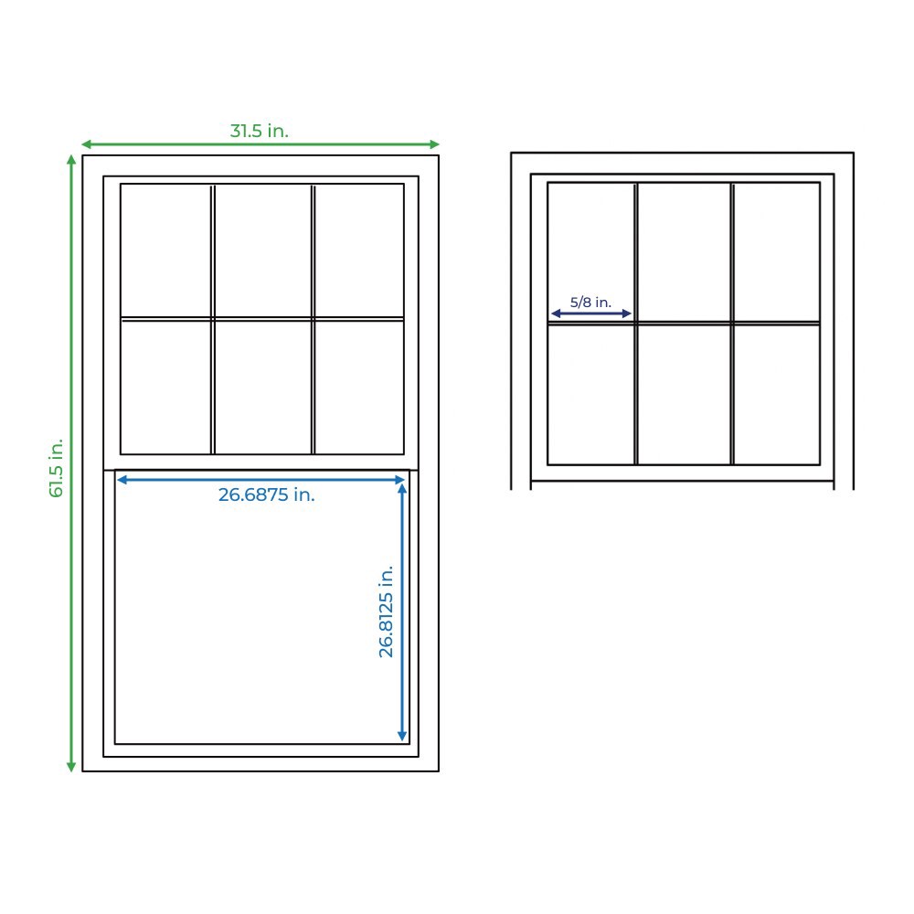 slide 5 of 6, RELIABILT 150 Series 31-1/2-in x 61-1/2-in White Exterior Vinyl New Construction Single Hung Window Low-E Double Pane Glass with Grids, (Half Screen Included), 1 ct