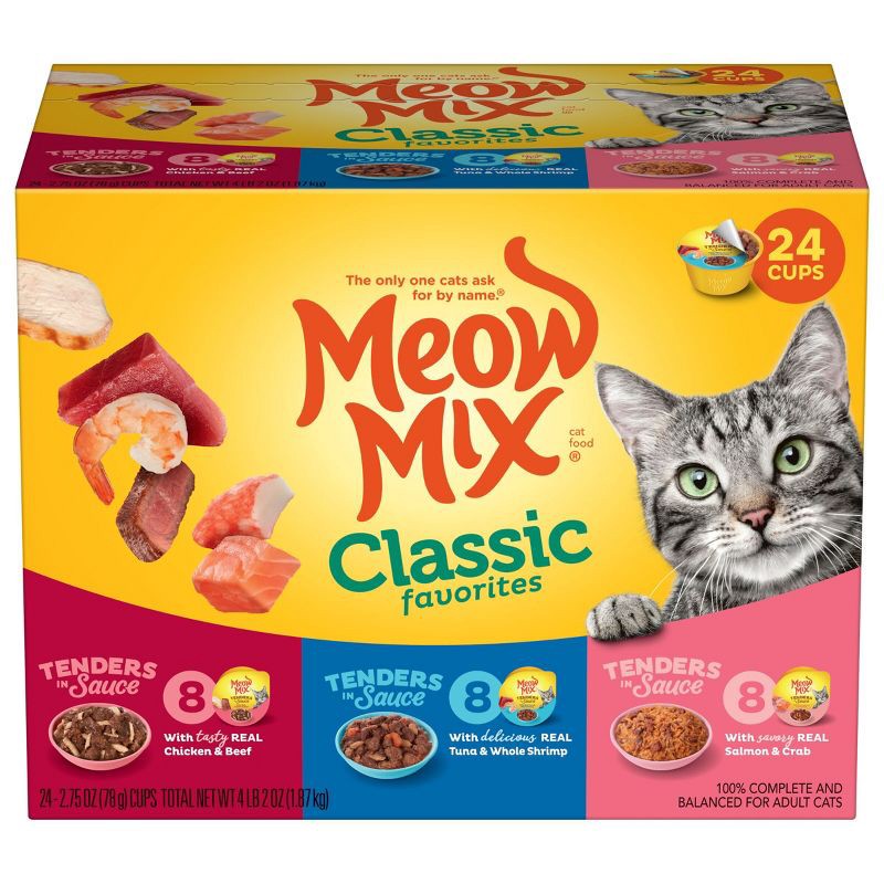 slide 1 of 1, Meow Mix Tender Favorites with Crab, Shrimp, Chicken, Beef, Salmon & Tuna Wet Cat Food Classic Favorites - 2.75oz/24ct Variety Pack, 2.75 oz, 24 ct