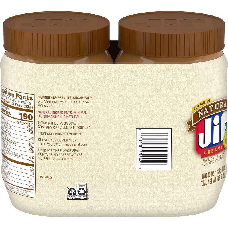 slide 2 of 5, Jif Natural Creamy Peanut Butter Spread Twin Pack - 80oz, 80 oz