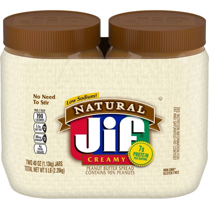 slide 1 of 5, Jif Natural Creamy Peanut Butter Spread Twin Pack - 80oz, 80 oz