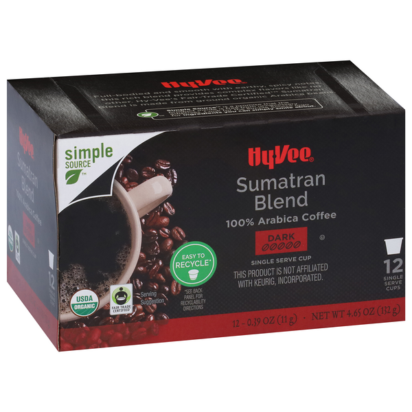 slide 1 of 1, Hy-vee Dark Roast Sumatran Blend 100% Arabica Coffee Single Serve Cups - 12 ct; 0.39 oz, 12 ct; 0.39 oz