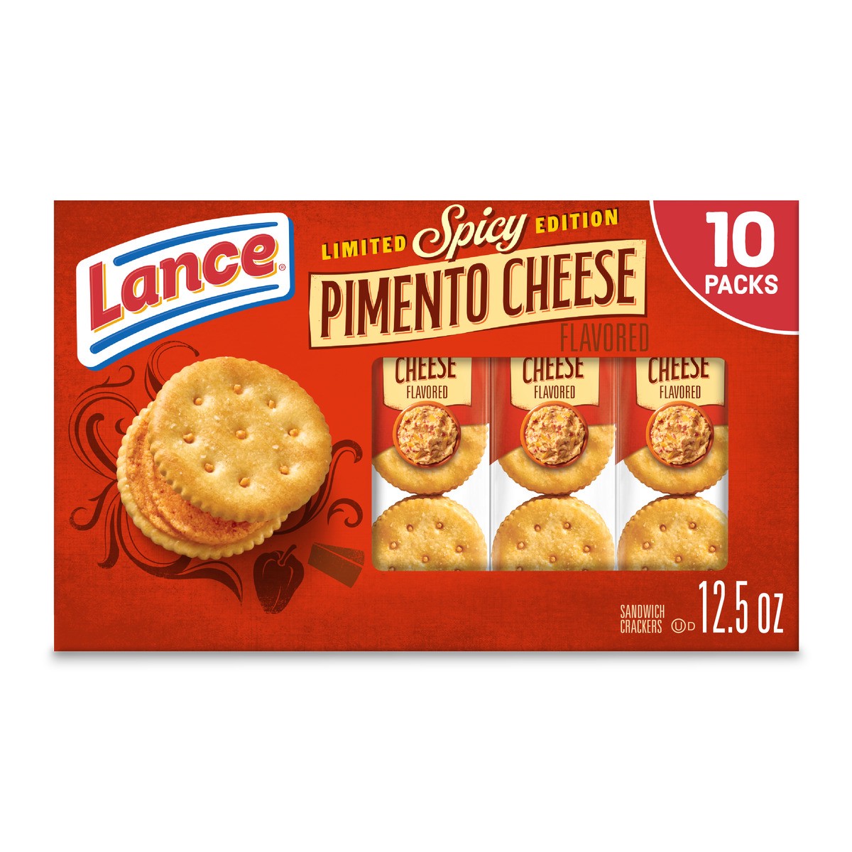 slide 1 of 6, Lance Spicy Pimento Cheddar Sandwich Crackers, 10 Count 1.25 oz, 12 inoz in