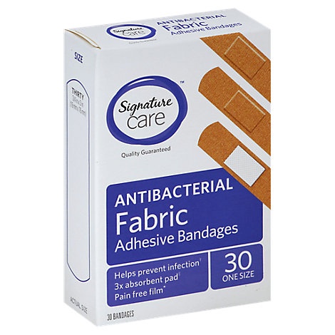 slide 1 of 1, Signature Care Adhesive Bandages Fabric Antibacterial One Size, 30 ct