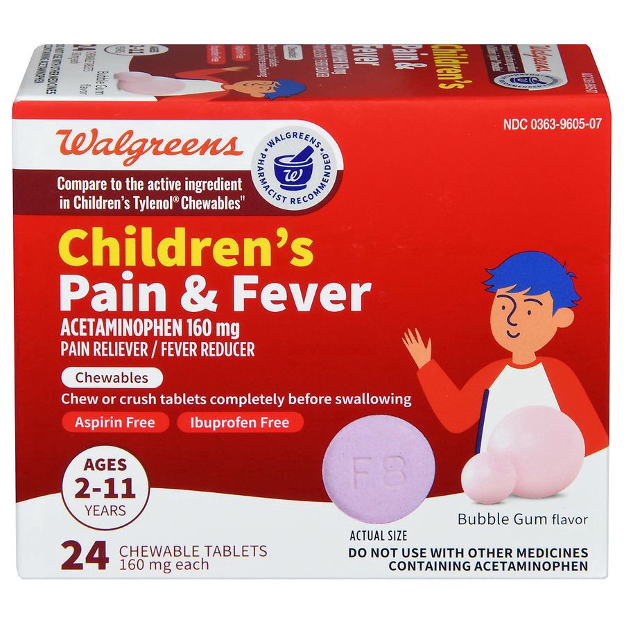 slide 1 of 5, Walgreens Children's Pain & Fever Chewable Tablets Bubblegum, 24 ct