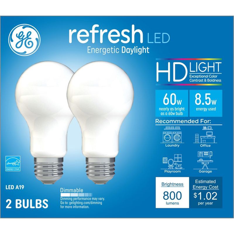 slide 1 of 8, GE Household Lighting GE 2pk 60W Refresh A19 Aline LED Light Bulbs Daylight: Dimmable, 800 Lumens, Energy Star Certified, 13.7-Year Life, 2 ct