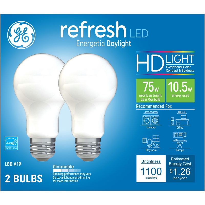 slide 1 of 5, GE Household Lighting GE 2pk 75W Refresh A19 LED Light Bulbs Daylight Aline: Dimmable, 1100 Lumens, Energy Star, 13.7-Year Life, E26 Base, 2 ct