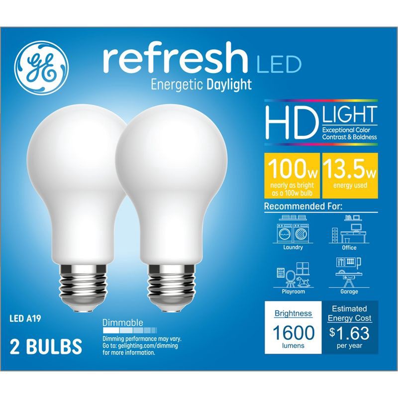 slide 1 of 4, GE Household Lighting GE 2pk 100W Refresh A19 LED Light Bulbs Daylight: 100W Equivalent, Dimmable, Energy Star, 1600 Lumens, E26 Base, 5000K, 2 ct