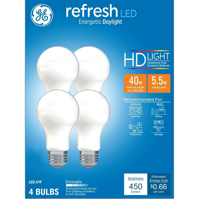 slide 1 of 8, GE Household Lighting GE 4pk 40W Refresh A19 LED Light Bulbs Daylight Aline, 4 ct
