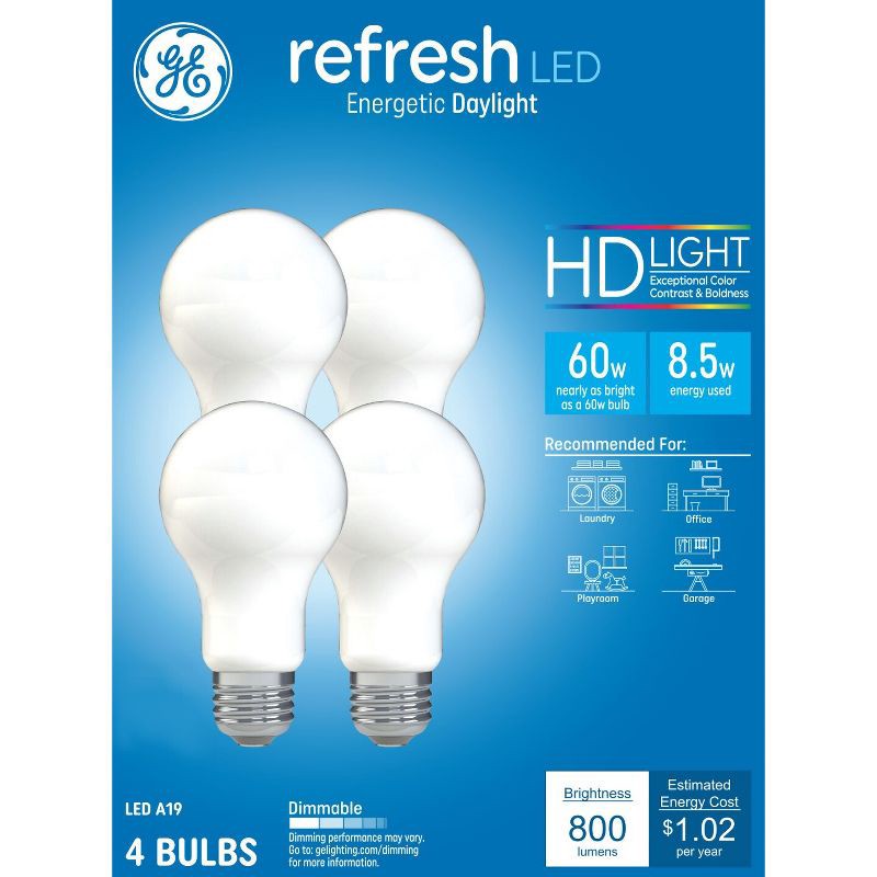 slide 1 of 9, GE Household Lighting GE 4pk 60W Refresh A19 LED Light Bulbs Daylight Aline: Dimmable, 800 Lumens, Energy Star Certified, 5000K, 13.7-Year Life, 4 ct