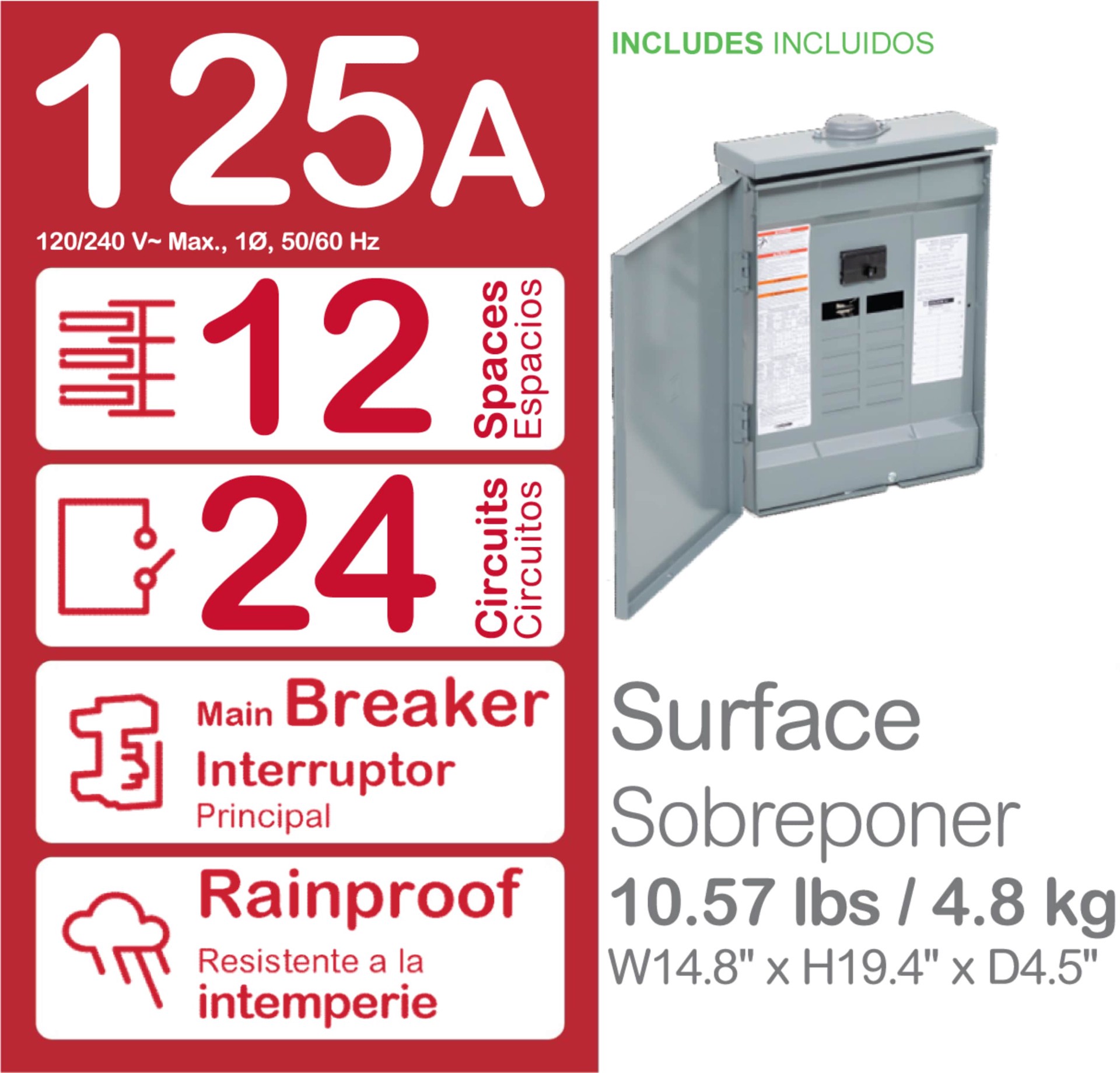 slide 4 of 6, Square D Homeline 125 -Amp 12 -Spaces 24 -Circuit Outdoor Main Breaker Plug-On Neutral Load Center (Value Pack), 1 ct