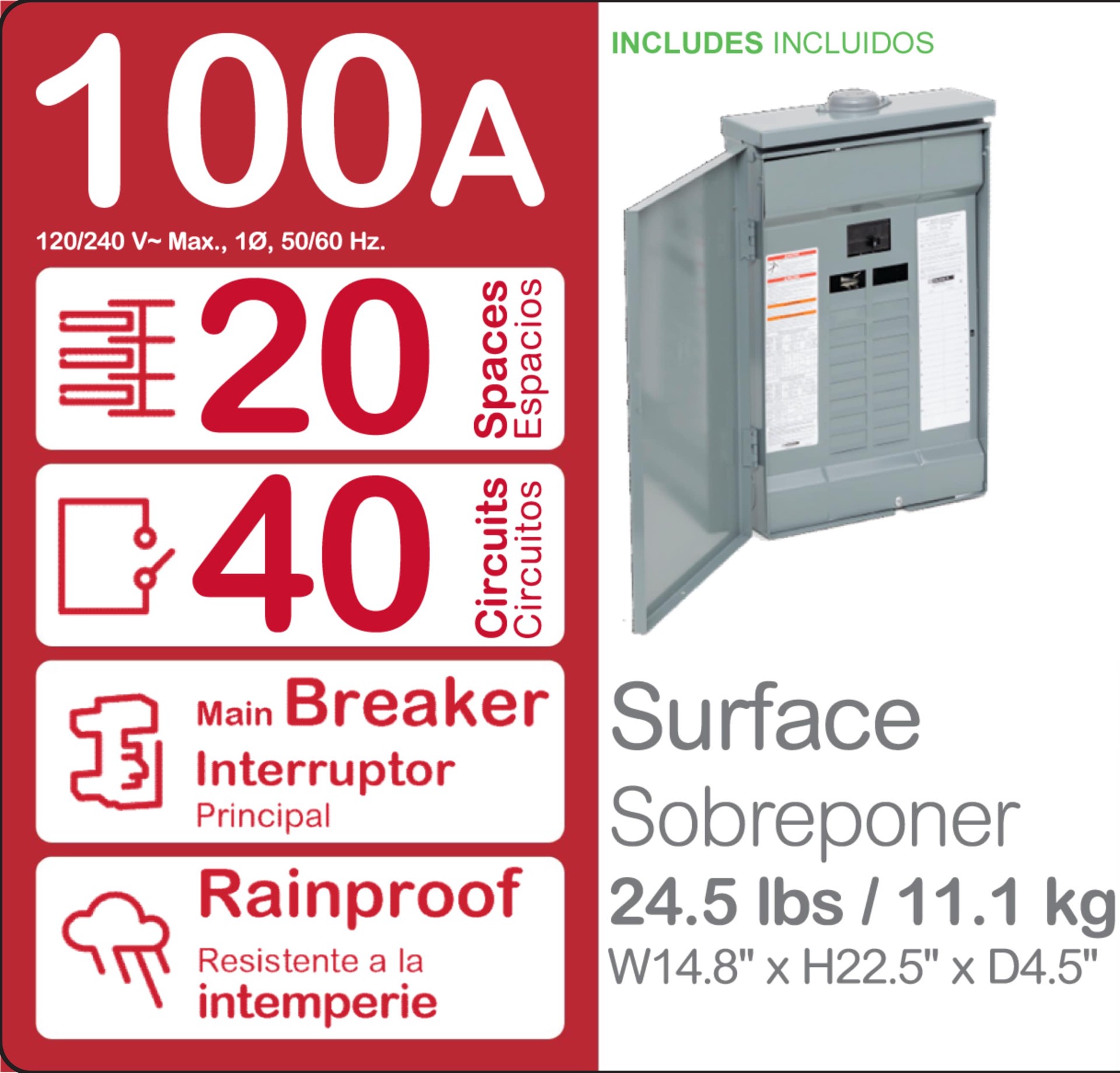 slide 3 of 5, Square D Homeline 100 -Amp 20 -Spaces 40 -Circuit Outdoor Main Breaker Plug-On Neutral Load Center, 1 ct
