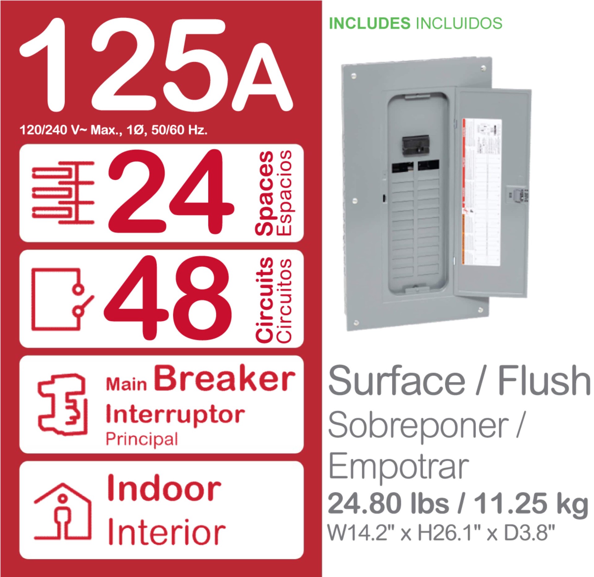 slide 3 of 5, Square D Homeline 125 -Amp 24 -Spaces 48 -Circuit Indoor Main breaker Plug-On Neutral Load Center, 1 ct