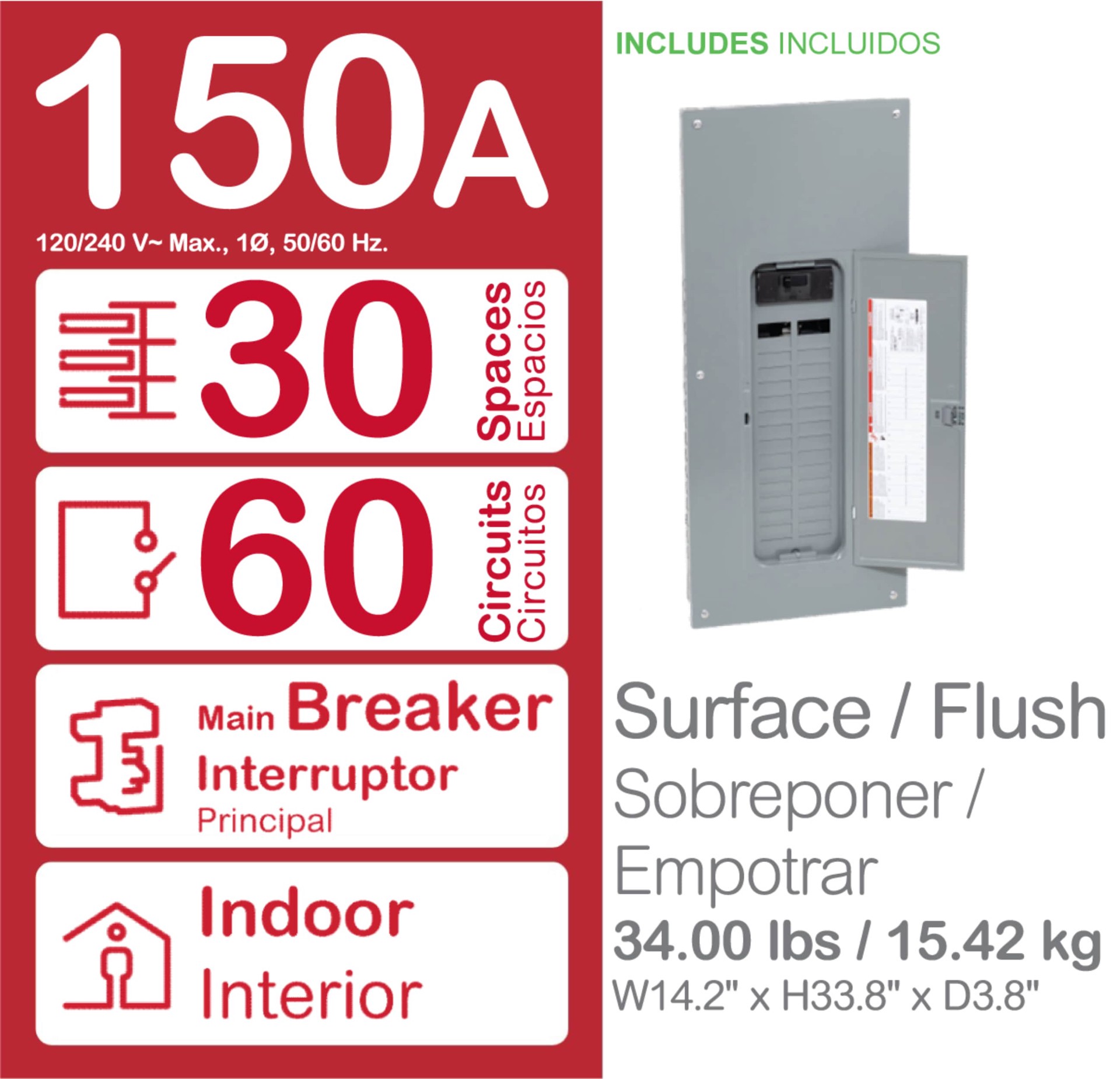 slide 6 of 6, Square D Homeline 150 -Amp 30 -Spaces 60 -Circuit Indoor Main breaker Plug-On Neutral Load Center (Value Pack), 1 ct