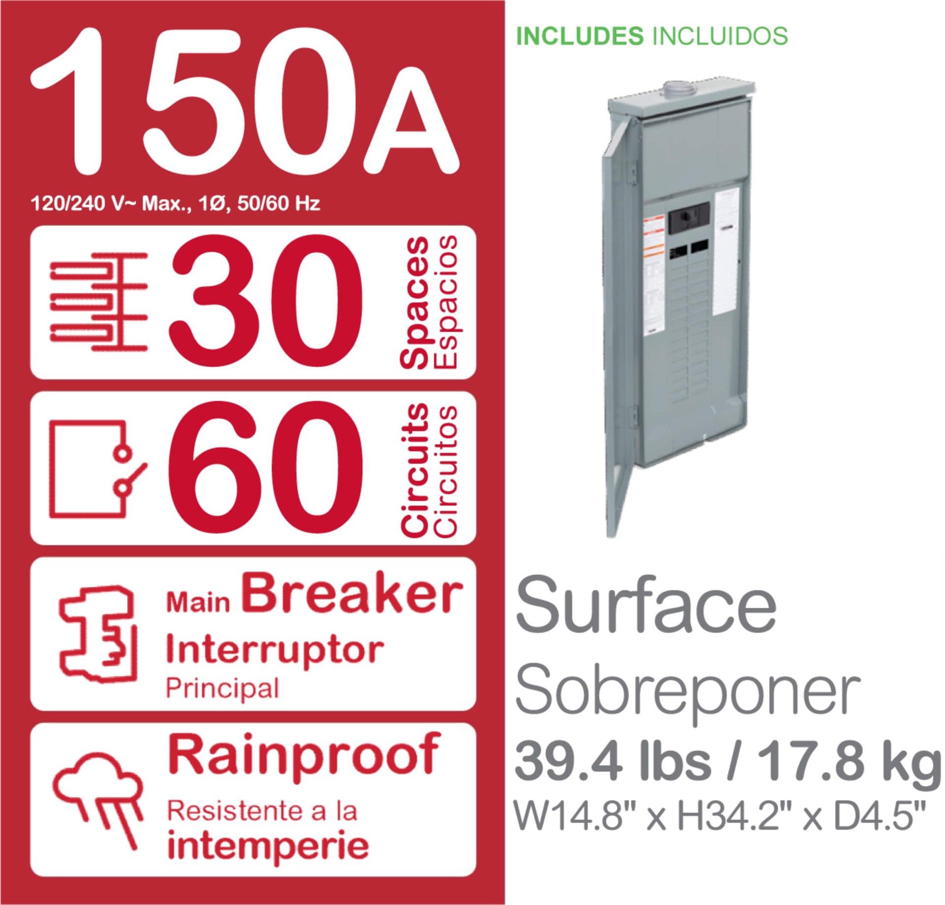slide 3 of 5, Square D Homeline 150 -Amp 30 -Spaces 60 -Circuit Outdoor Main breaker Plug-On Neutral Load Center, 1 ct
