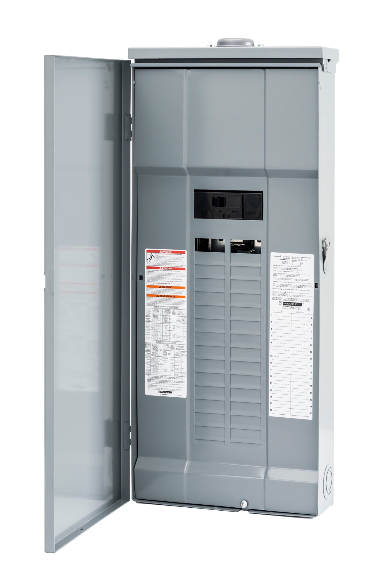 slide 4 of 5, Square D Homeline 150 -Amp 30 -Spaces 60 -Circuit Outdoor Main breaker Plug-On Neutral Load Center, 1 ct