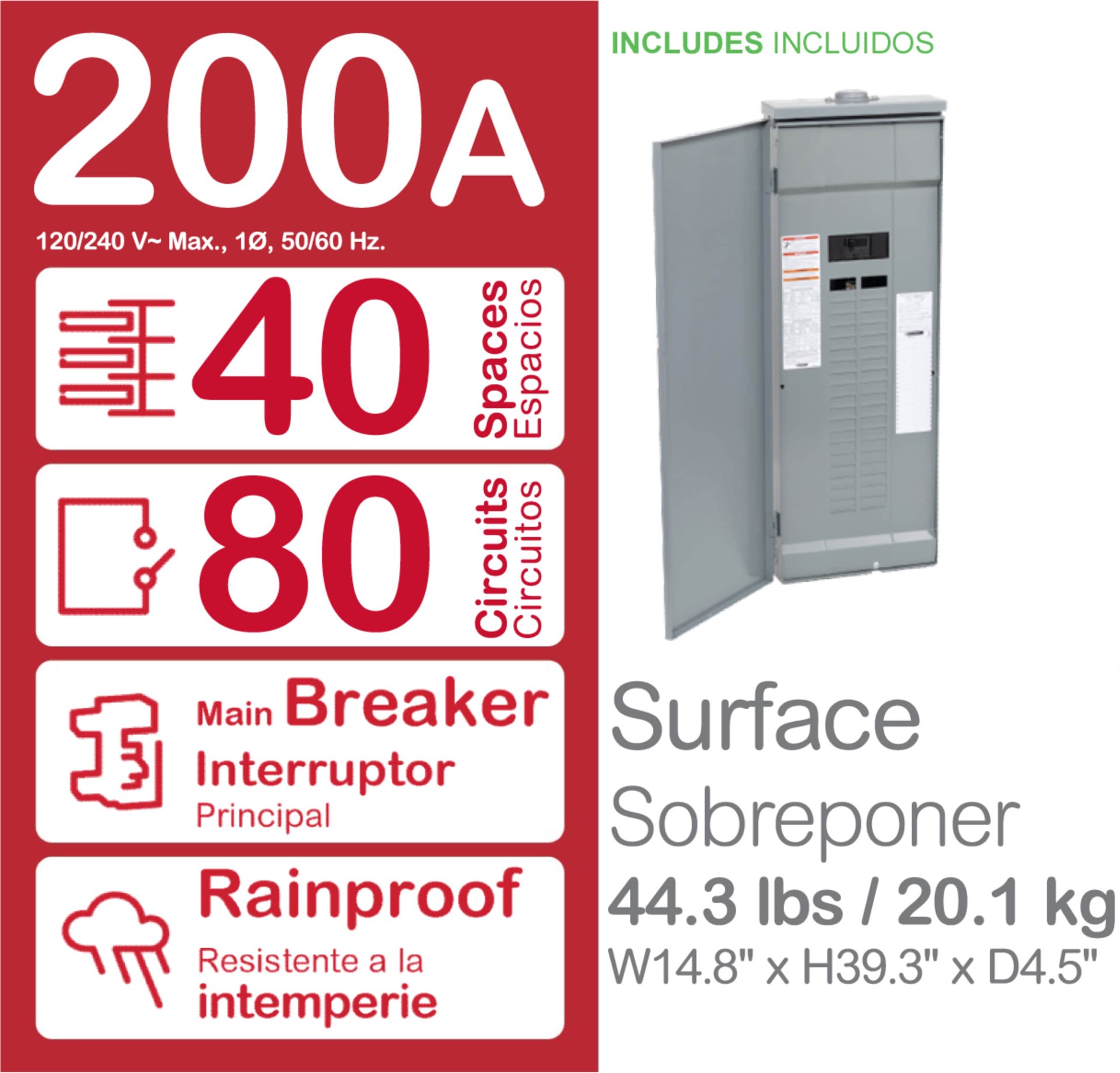 slide 3 of 5, Square D Homeline 200 -Amp 40 -Spaces 80 -Circuit Outdoor Main Breaker Plug-On Neutral Load Center, 1 ct